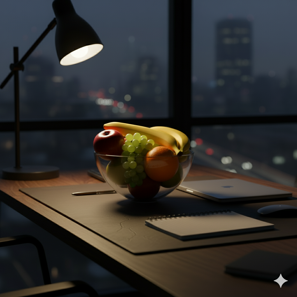 Office desk with fruit bowl image